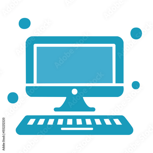 Blue computer setup desktop screen with keyboard icon for digital information technology illustration and data processing  concept design