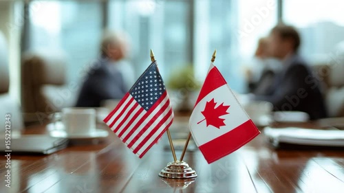 US and Canada flags on table during diplomatic meeting