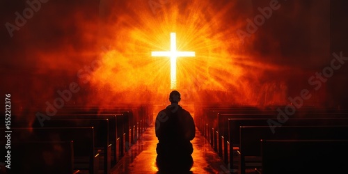 Solitary figure in prayer before illuminated cross in a darkened church during a serene moment of reflection