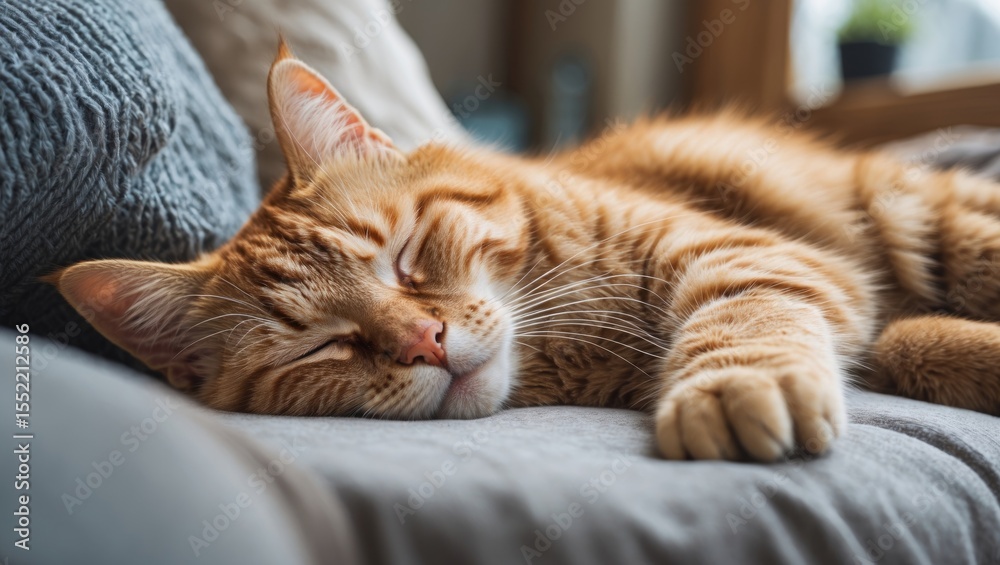 Adorable young orange tabby cat asleep at home, eyes open after a nap. Close-up with empty space for text. Adorable young orange tabby cat asleep at home, eyes open after a nap. Close-up with empty space for text.