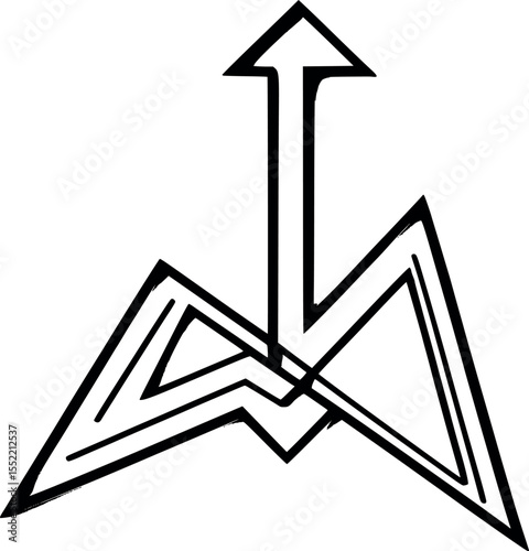 Rising arrow outline symbolizing achievement and growth. Abstract minimalistic black line design on white vector illustration.