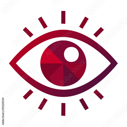 Stylized eye icon with shining geometric pupil in white, red and purple on a dark background