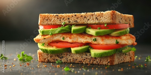 Freshly made sandwich with layers of chicken, tomato, and avocado on whole grain bread in a dark setting