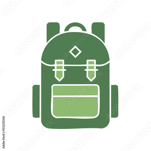 Illustration of a green camping rucksack for travel or school with straps and pockets on a black background