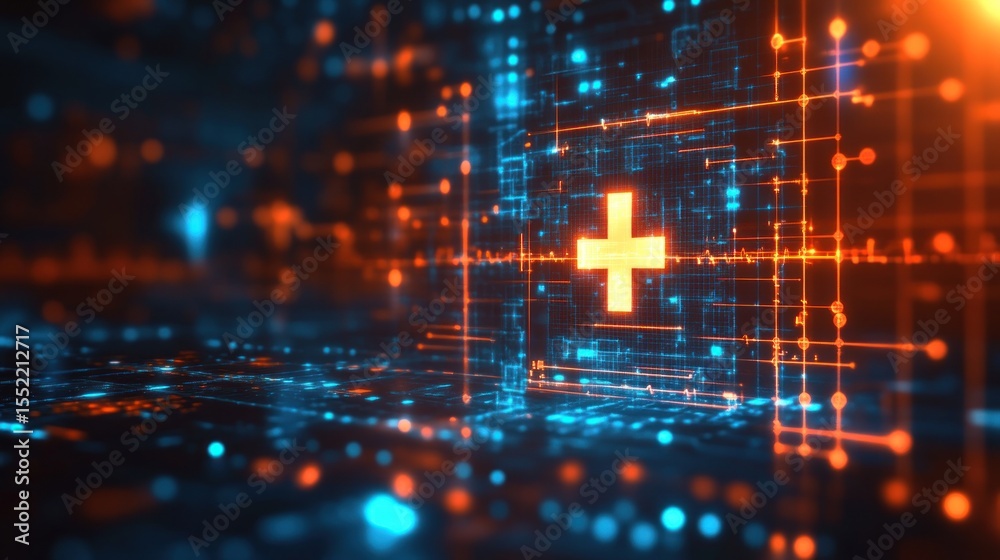 Obraz premium Abstract digital graphic design with glowing lines and a plus symbol.