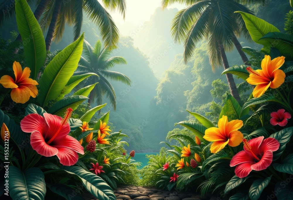 Obraz premium lush tropical foliage vibrant flowers lush green tropical plants bright colors exotic vegetation, leaf, colorful, flora, bougainvillea, orchid, hibiscus