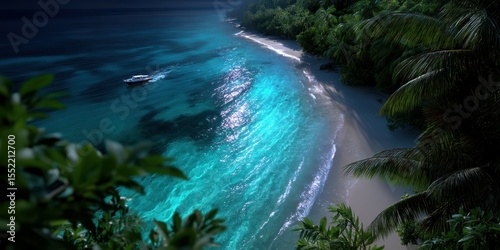 Calm evening waters along a sandy beach with lush greenery and a distant boat under a twilight sky