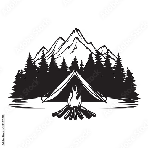 Camping in the Mountains Adventure silhouette, Camping in the Mountains Adventure vector illustration, Mountain landscape camping in nature, sketch style, vector illustrations.