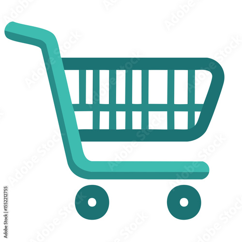 Stylish teal shopping cart icon promoting retail sales and grocery shopping experiences with a modern cart design and focus on retail commerce