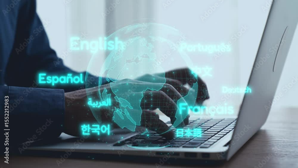 A close-up of hands typing on a laptop, surrounded by holographic language labels and a world map, symbolizing digital communication and language diversity in work. Qubit