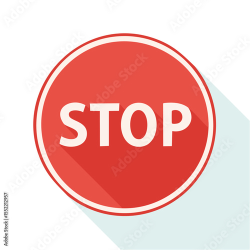 Red Round Stop Sign Indicating Halt with White Letters and Outline and Long Shadow Isolated