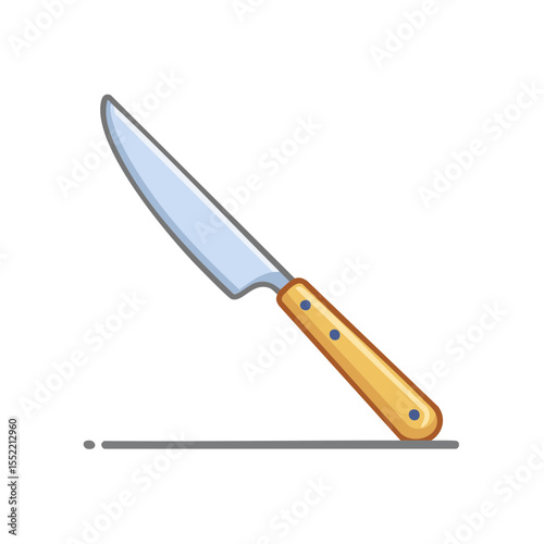 Stylized kitchen knife with a wooden handle cutlery tool for slicing and cutting food preparation illustration on a black background
