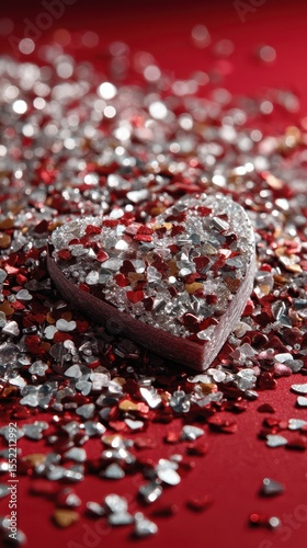 Heart-shaped decoration surrounded by shiny glitter on a red background during a festive celebration
