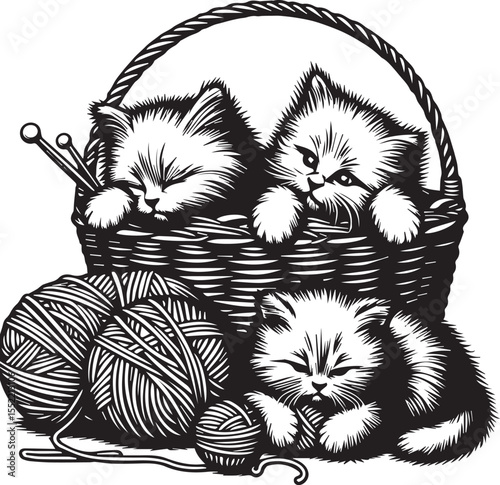 Three adorable kittens play with yarn in charming woven baskets, creating a heartwarming and playful feline scene.