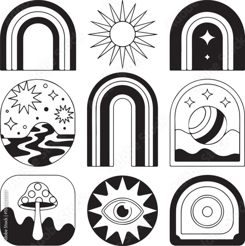 Groovy Arches & Psychedelic Vector Set – Retro Rainbows, Mushrooms, Planets & All-Seeing Eye in Y2K Trippy Style