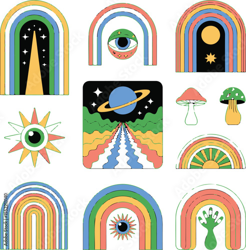 Groovy Arches & Psychedelic Vector Set – Retro Rainbows, Mushrooms, Planets & All-Seeing Eye in Y2K Trippy Style