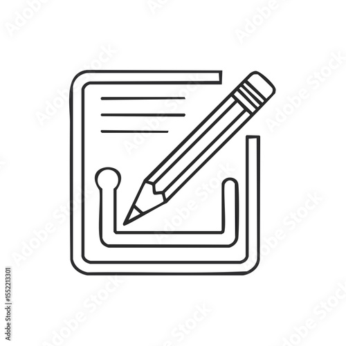 Outline Illustration of a Pencil Writing on a Clip Board, Note Taking Concept