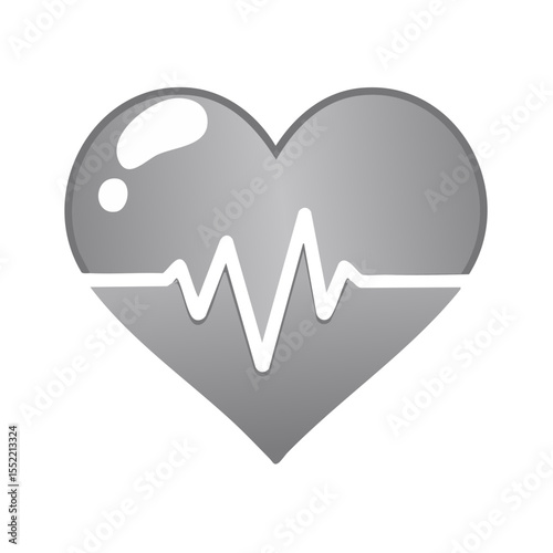 Gray heart icon with heart rate rhythm beat on a black background