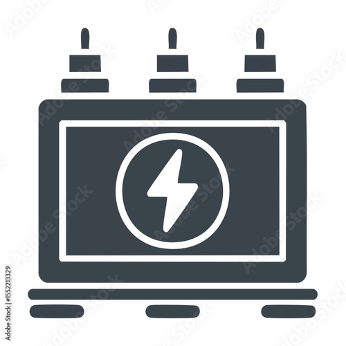 Electric transformer icon symbol of voltage power energy. Electrical substation sign design for industry electricity and engineering concept.