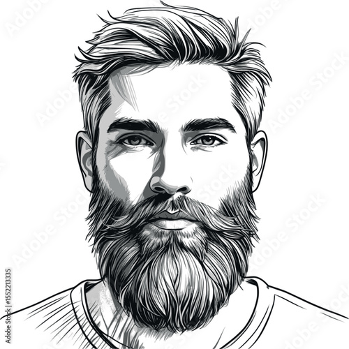 Male portrait outline front view. Hand-drawn abstract line art of a bearded man