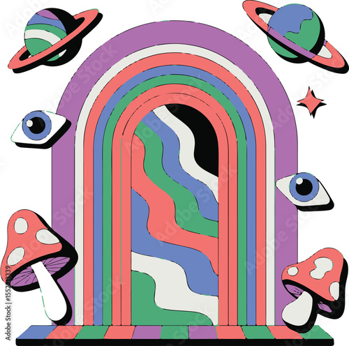Groovy Arches & Psychedelic Vector Set – Retro Rainbows, Mushrooms, Planets & All-Seeing Eye in Y2K Trippy Style