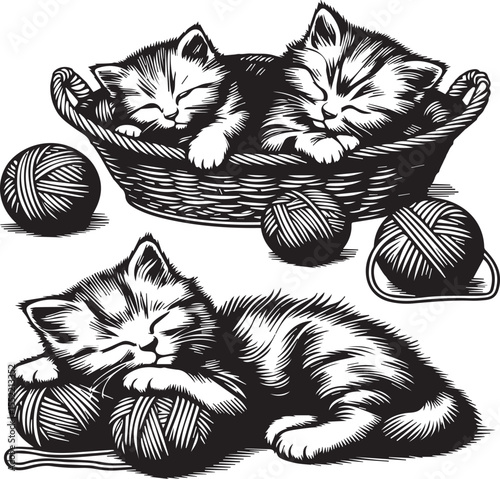 Three adorable kittens play with yarn in charming woven baskets, creating a heartwarming and playful feline scene.