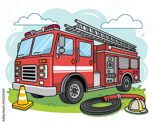 Playful Fire Truck Vector Illustration – Cartoon Emergency Scene with Ladder, Hose, Helmet, and Bright Sky