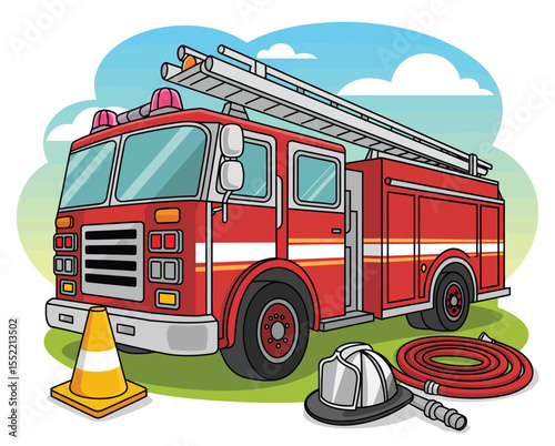 Playful Fire Truck Vector Illustration – Cartoon Emergency Scene with Ladder, Hose, Helmet, and Bright Sky