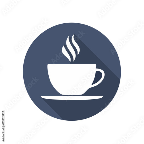 Steaming hot beverage in a white cup and saucer on a dark blue circular background with a long shadow for drink and food related content