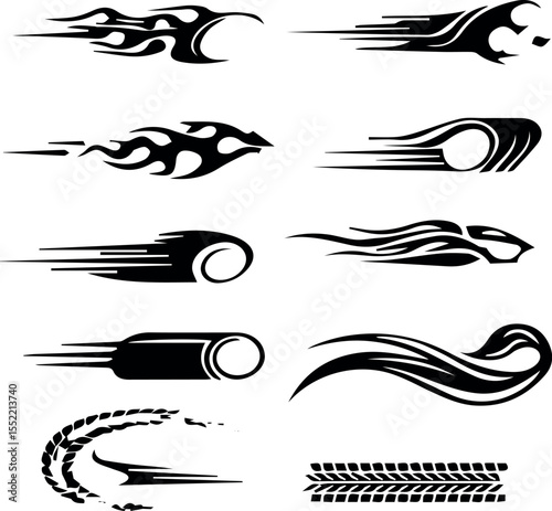 Collection of dynamic black tribal flame and speed line graphic designs for automotive customization and sports branding