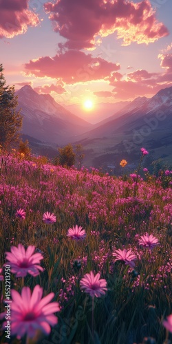 Colorful sunset over a mountain valley adorned with blooming flowers in springtime