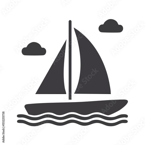Simple Sailing Boat on Water with Cloud Icons in a Minimalist Style