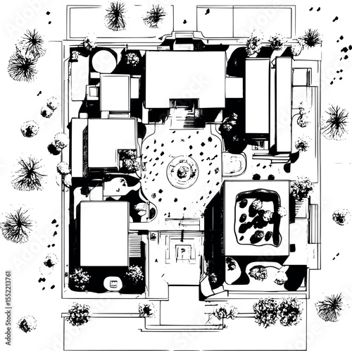 Museum Campus Floor Plan Outline. Aerial View of Architectural Layout with Exhibition Halls Gardens and Entrances Black Line Vector Blueprint.