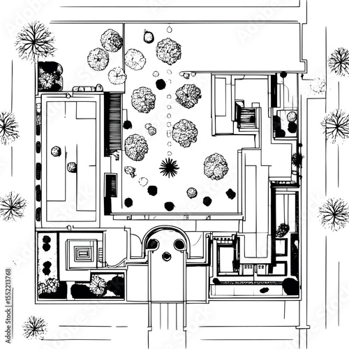 Museum Campus Floor Plan Outline. Aerial View of Architectural Layout with Exhibition Halls Gardens and Entrances Black Line Vector Blueprint.