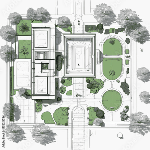 Museum Campus Floor Plan Outline. Aerial View of Architectural Layout with Exhibition Halls Gardens and Entrances Black Line Vector Blueprint.
