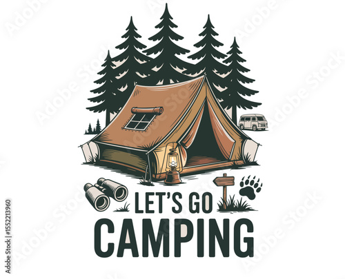 Vintage Camping Scene Vector Pack – Rustic Outdoor Illustration with Tent, Pine Trees, and Adventure Icons