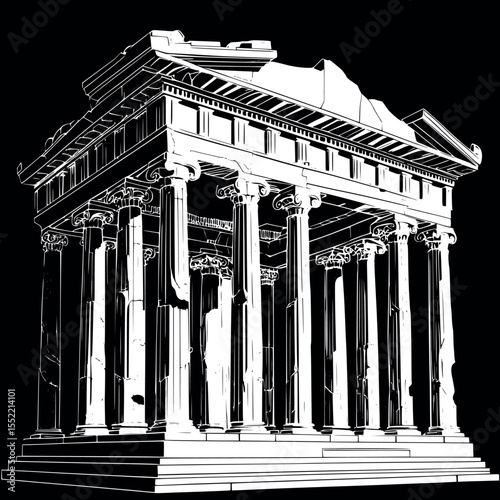Classical Museum Temple Outline. Black and White Architectural Drawing of Ancient Greek Style Building with Columns Vector Line Art.