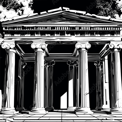 Classical Museum Temple Outline. Black and White Architectural Drawing of Ancient Greek Style Building with Columns Vector Line Art.