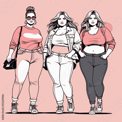 Plus size women in fashionable casual outfits outline illustration. Artistic body confidence themed drawing with expressive flowing lines for fashion and lifestyle content.