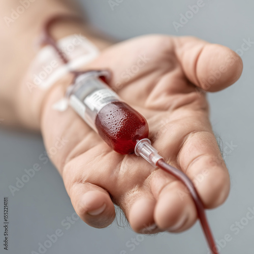 An extreme macro shot focusing on a medical needle partially inserted into a person's skin, with a small amount of blood visible and a red thread wrapped around the needle