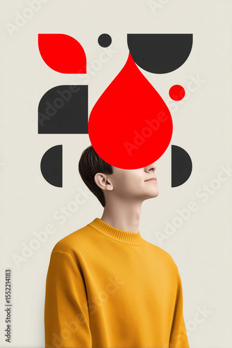 A dynamic and abstract conceptual image featuring a person in a yellow sweater looking upwards, with large red and black geometric shapes, including a prominent red teardrop or blood drop