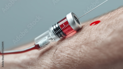 A dramatic close-up of a needle entering the skin, with a single drop of blood emerging, highlighting a medical procedure such as injection or blood collection. 