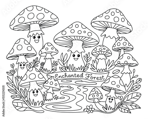 Enchanted Forest Coloring Page – Whimsical Cartoon Mushroom Circle with Stream, Foliage, and Banner Text