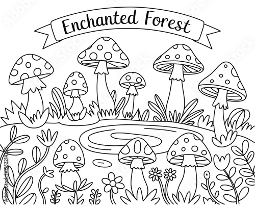 Enchanted Forest Coloring Page – Whimsical Cartoon Mushroom Circle with Stream, Foliage, and Banner Text