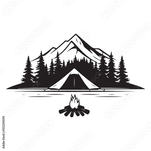Camping in the Mountains Adventure silhouette, Camping in the Mountains Adventure vector illustration, Mountain landscape camping in nature, sketch style, vector illustrations.