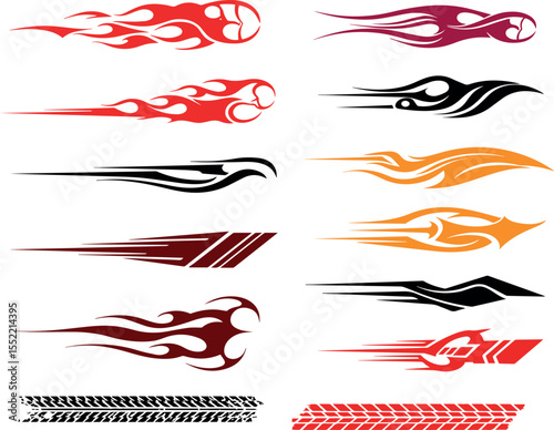 Collection of dynamic tribal flame and speed stripe decals in red black orange and burgundy for automotive customization and racing themes
