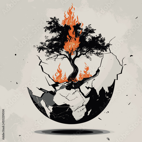 Burning tree on shattered globe. Monochrome engraving with apocalyptic symbolism.