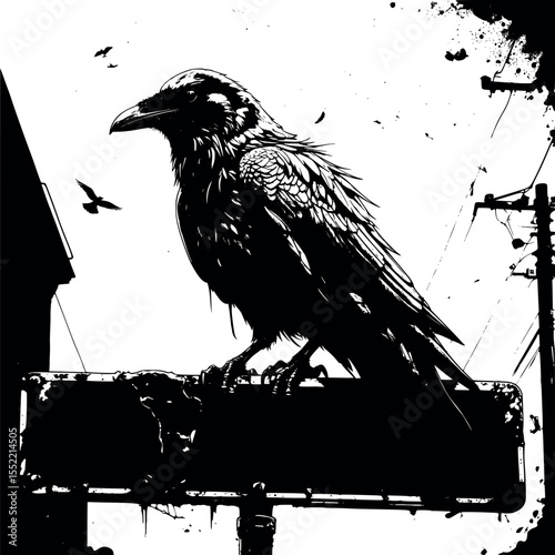 Mutated crow in post-apocalyptic setting. Monochrome motif with rusted sign and decay.
