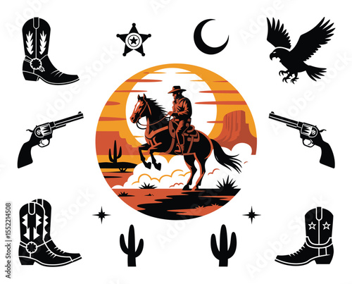 Wild West Frontier Icon Set – Bold Black Silhouettes of Cowboy, Desert Landscape, and Western Symbols