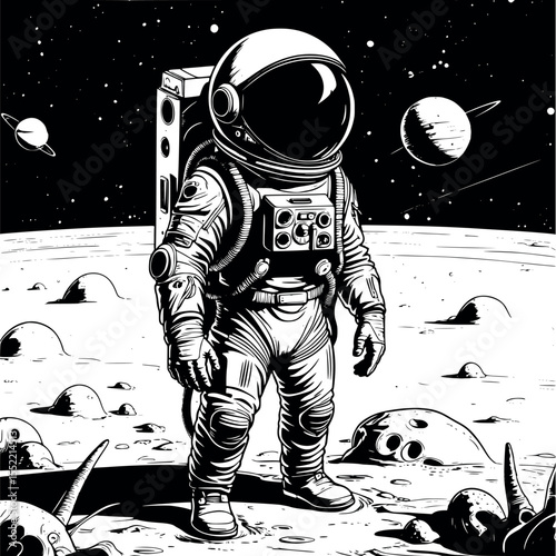 Retro space explorer engraving. Monochrome astronaut on alien terrain in vintage style.